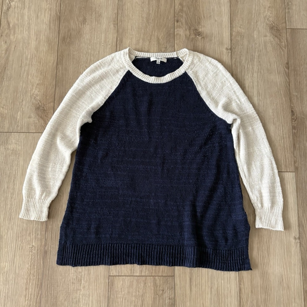Madewell‎ Colorblock Navy White Open Knit Linen Silk Blend Crew neck Sweater M